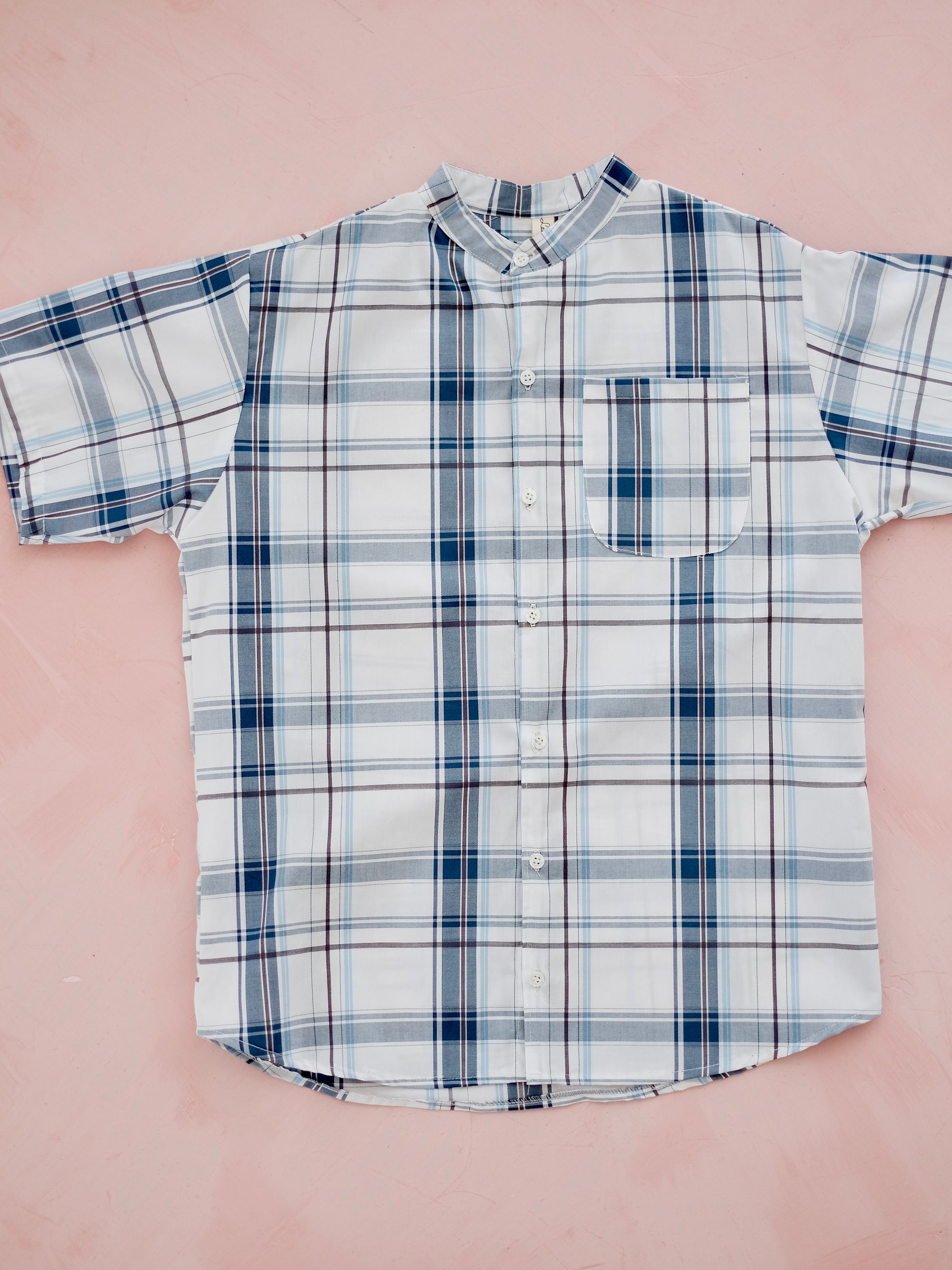 Men Collarless button-down shirt | Blue Check