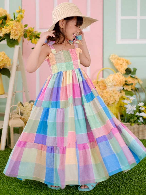 Eden Long Midi Dress | Rainbow Plaid Linen