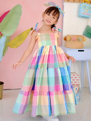 Eden Long Midi Dress | Rainbow Plaid Linen