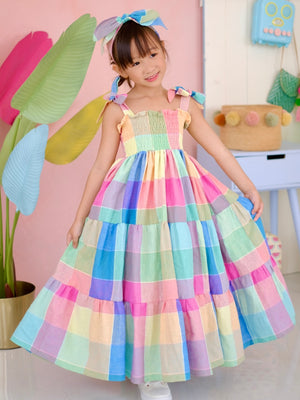 Eden Long Midi Dress | Rainbow Plaid Linen