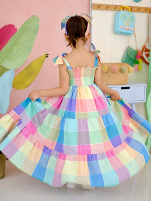 Eden Long Midi Dress | Rainbow Plaid Linen
