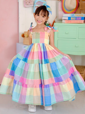 Eden Long Midi Dress | Rainbow Plaid Linen