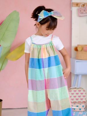Double Bow Headband in Rainbow Plaid