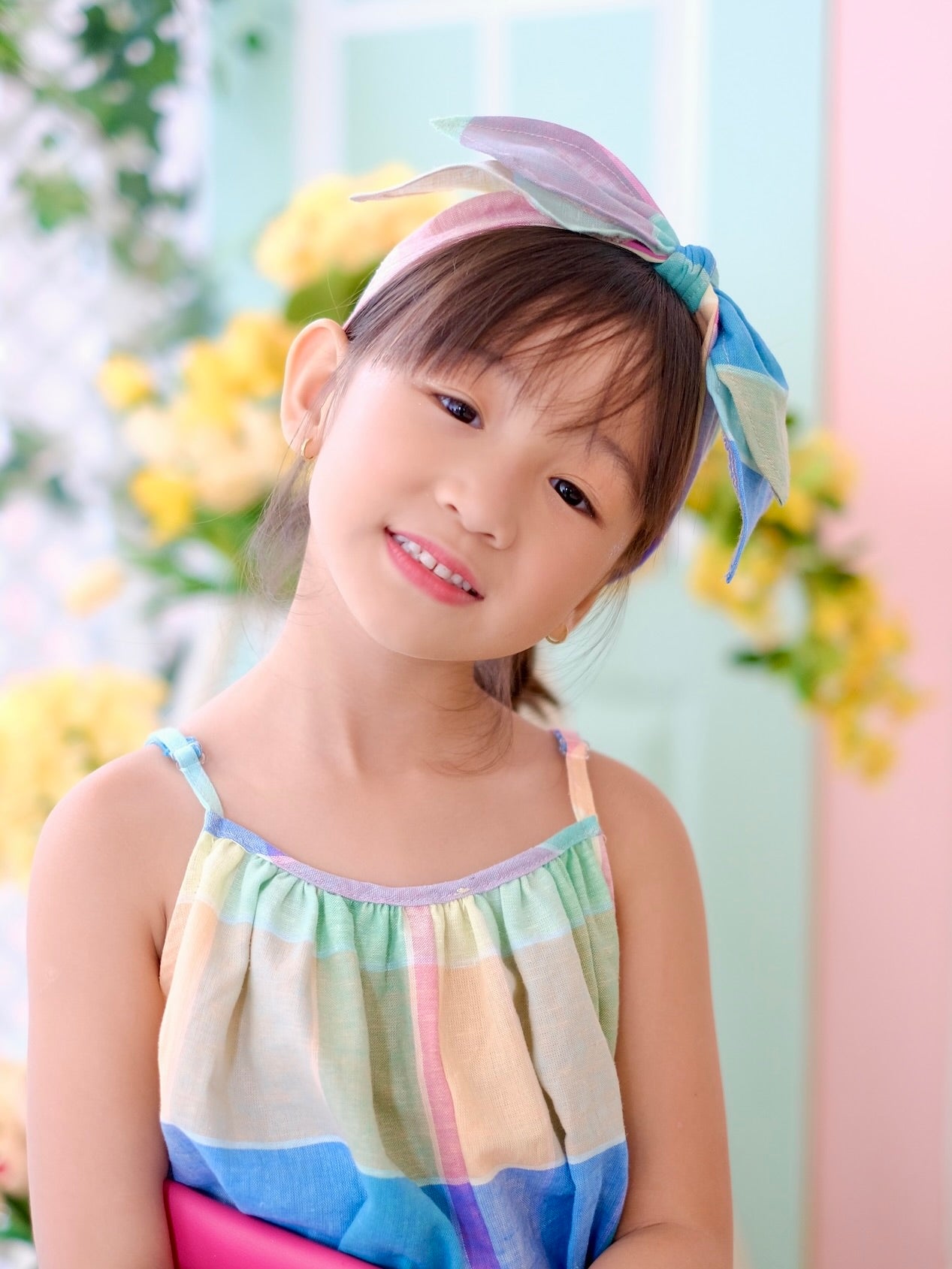 Double Bow Headband in Rainbow Plaid