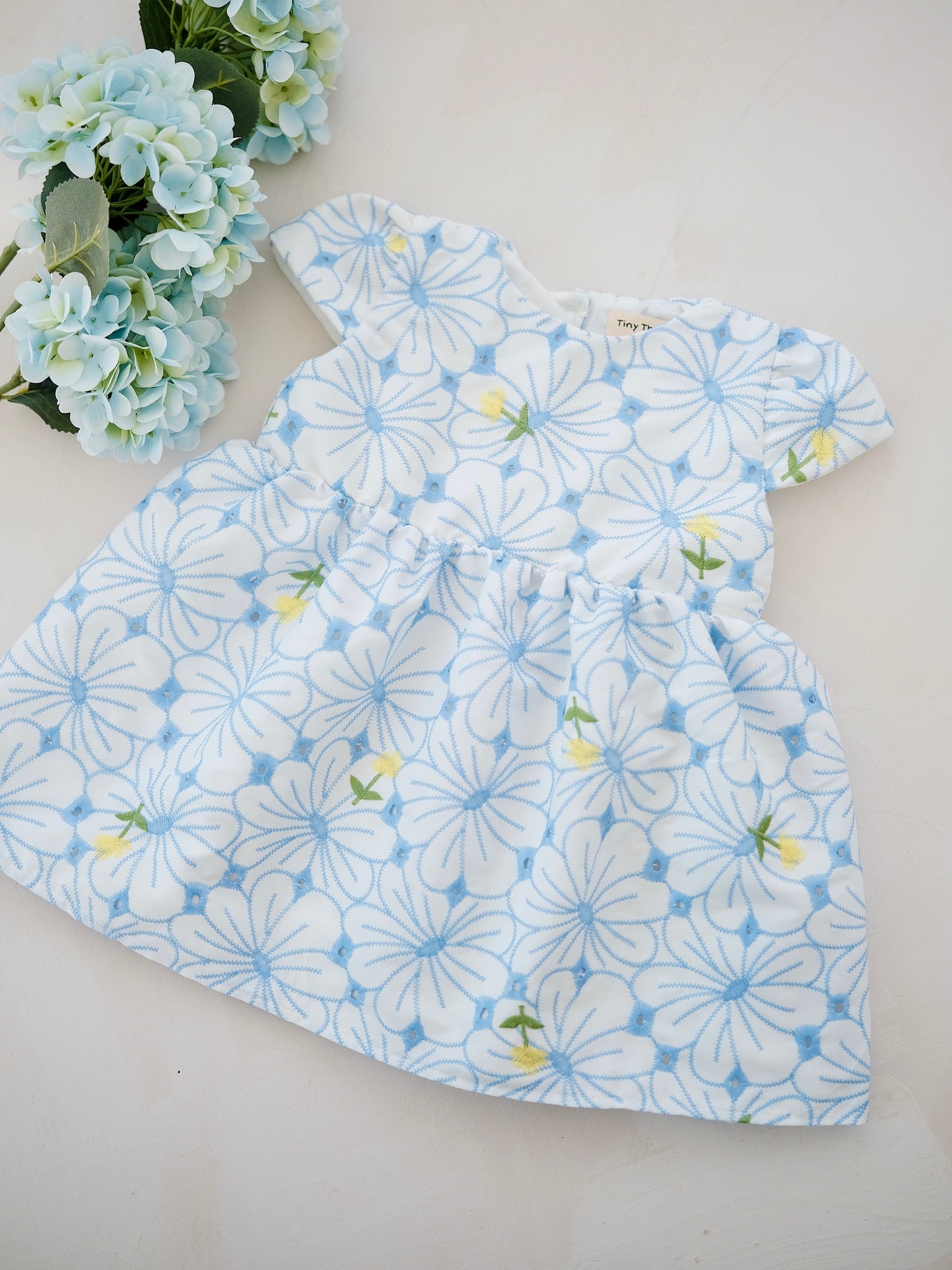 Chelsea Dress in Blue Broderie  | Tiny Threads