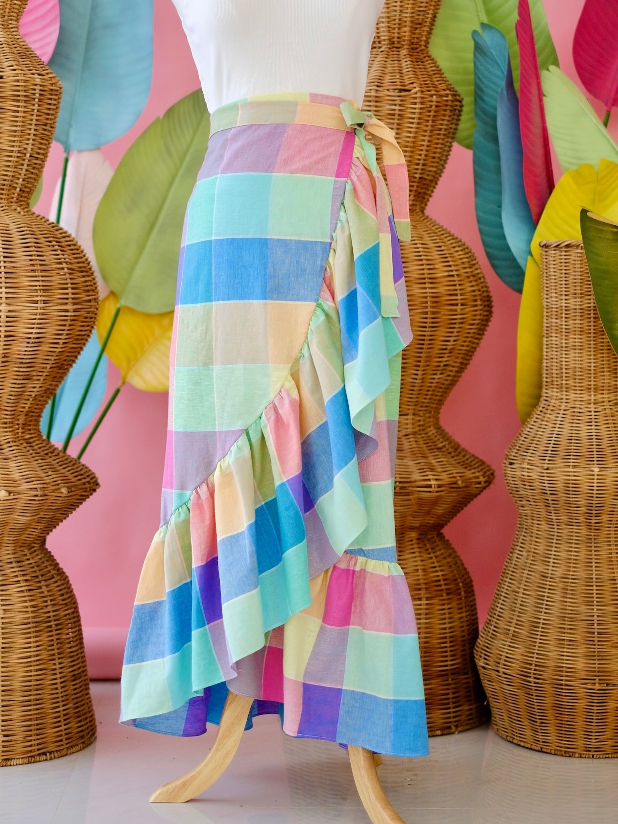 Amparo Linen Wrap Skirt | Rainbow Plaid