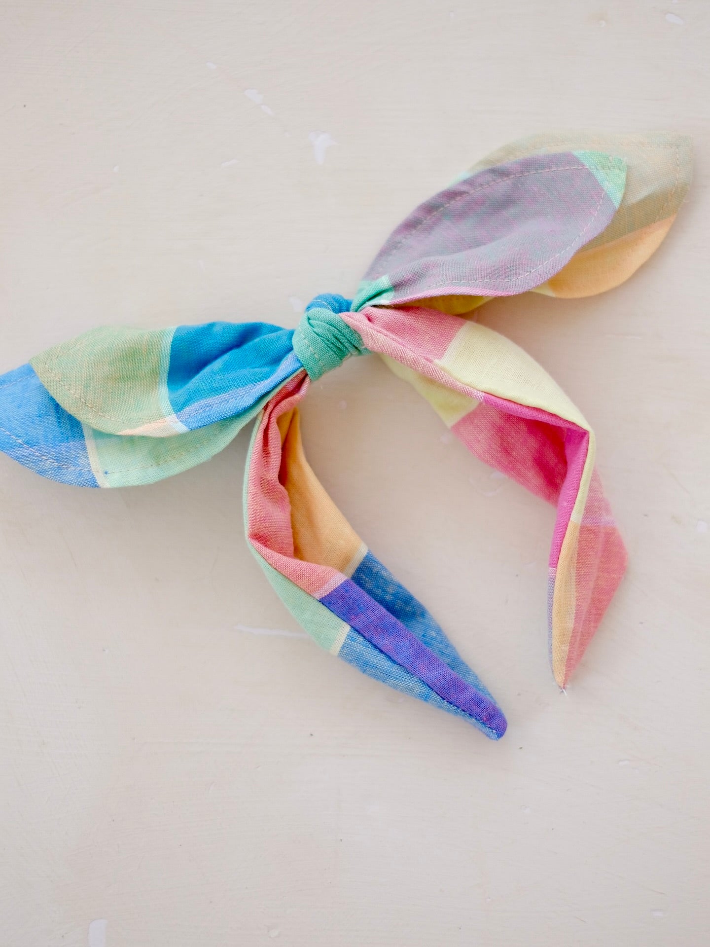 Double Bow Headband in Rainbow Plaid
