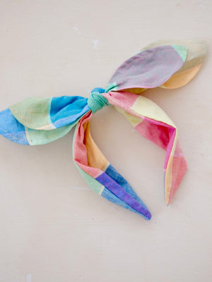 Double Bow Headband in Rainbow Plaid