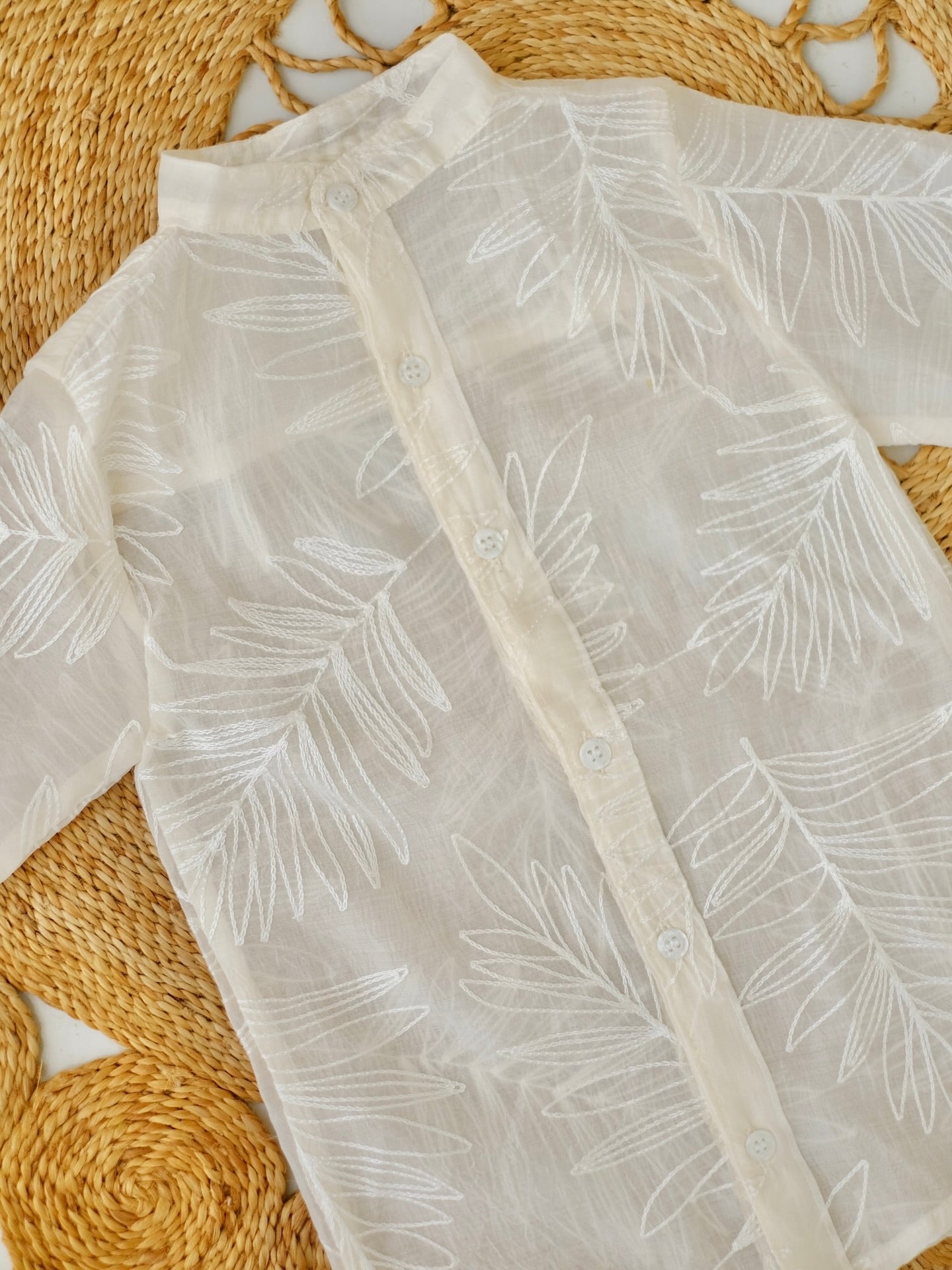 Sheer Collarless Shirt | Embroidered