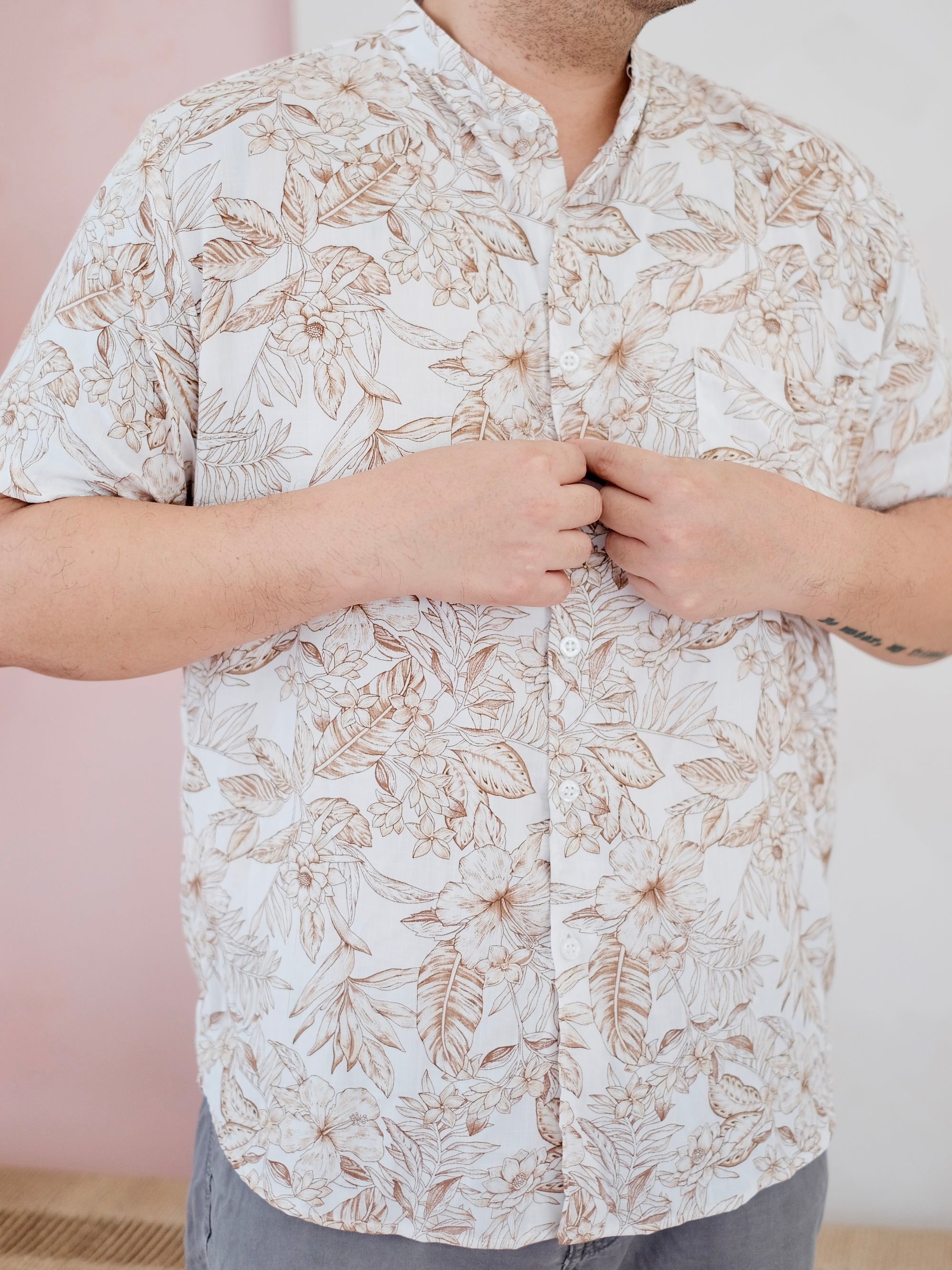Men Collarless button-down shirt | Beige