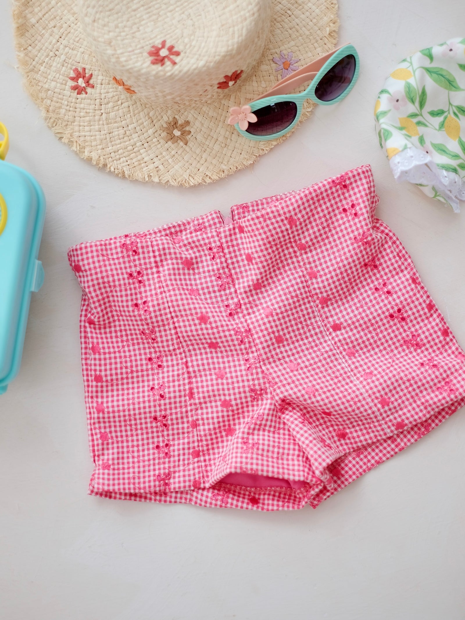 Clio High-waisted Shorts | Pink Checkered Broderie