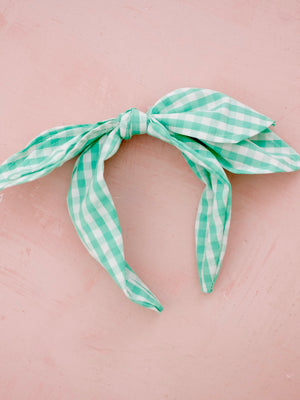 Double Bow Headband | Green Gingham