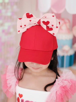 Heart Print Bow Cap Red