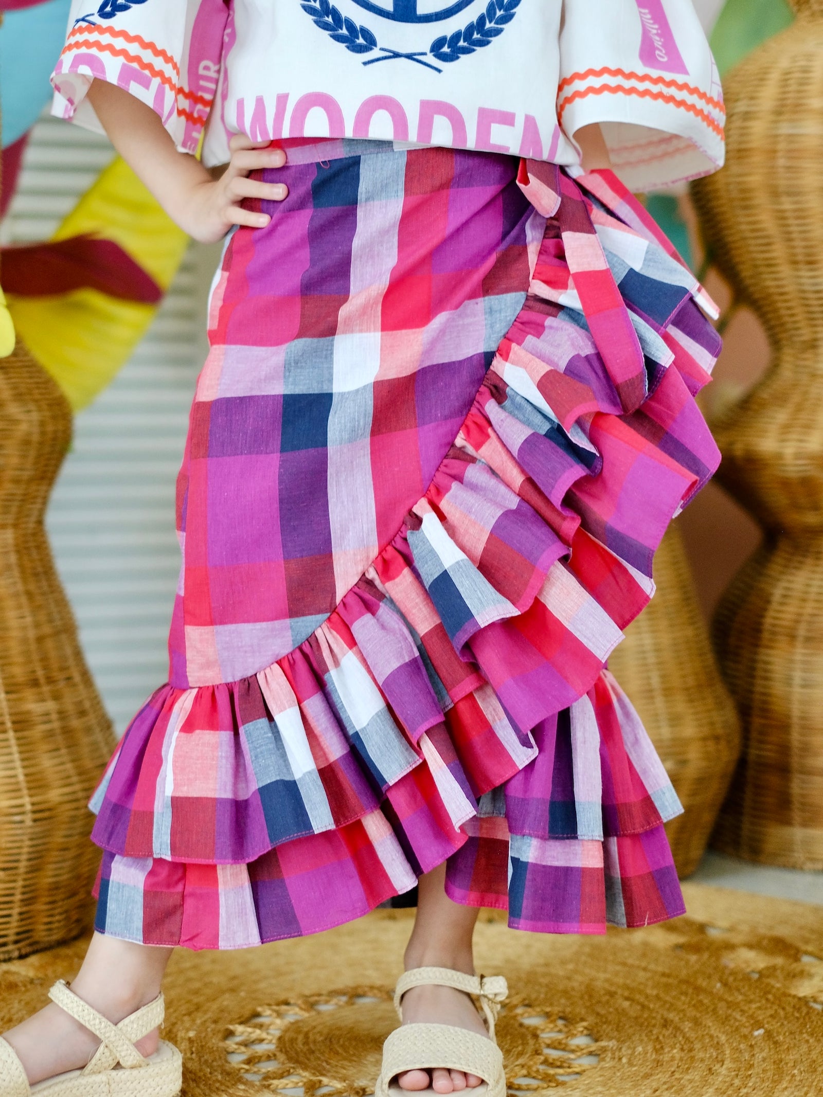 Amparo Linen Wrap Skirt | Plaid Magenta