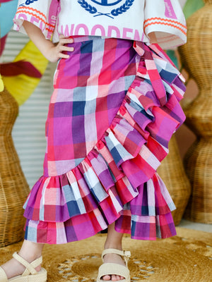 Amparo Linen Wrap Skirt | Plaid Magenta
