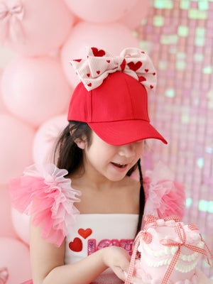 Heart Print Bow Cap Red
