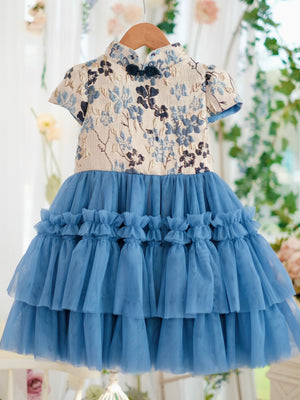 Annika Jacquard Dress in Dusty Blue | Pre-order