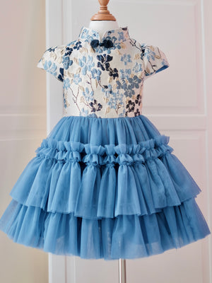 Annika Jacquard Dress in Dusty Blue | Pre-order