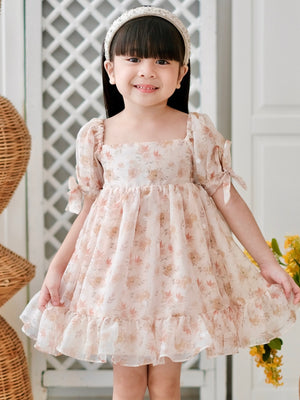 Maisie Dress | Beige Floral | Set with Bow Clip