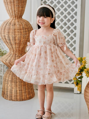 Maisie Dress | Beige Floral | Set with Bow Clip