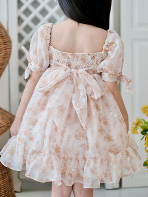 Maisie Dress | Beige Floral | Set with Bow Clip