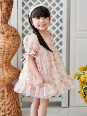 Maisie Dress | Beige Floral | Set with Bow Clip