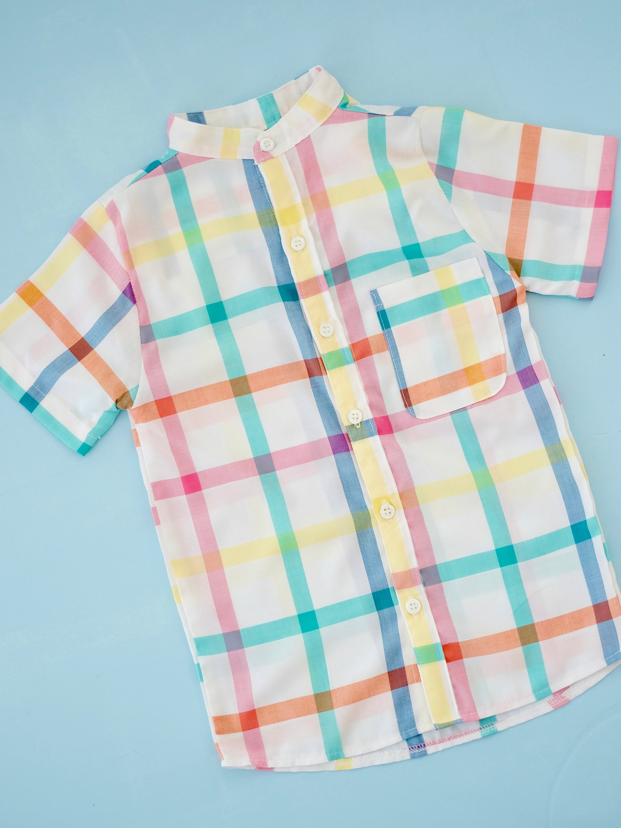 Collarless Button Down Shirt | Rainbow Grid