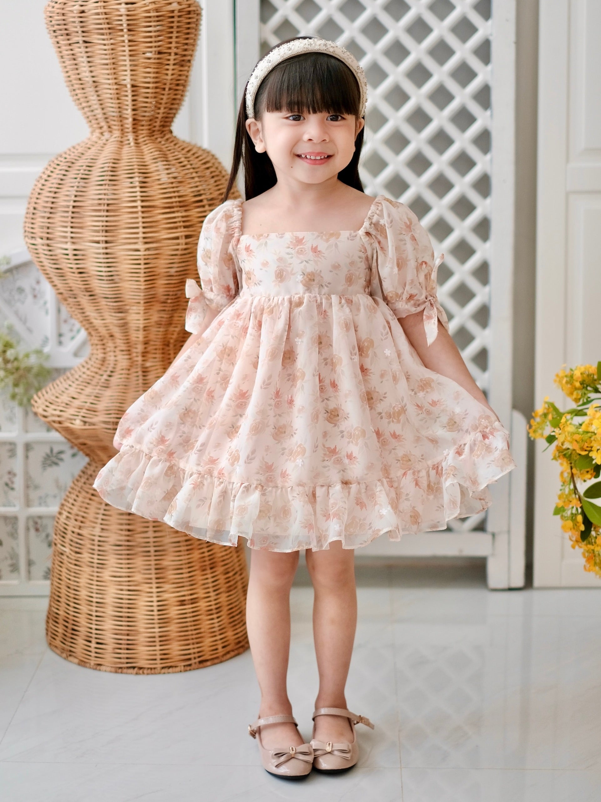 Maisie Dress | Beige Floral | Set with Bow Clip