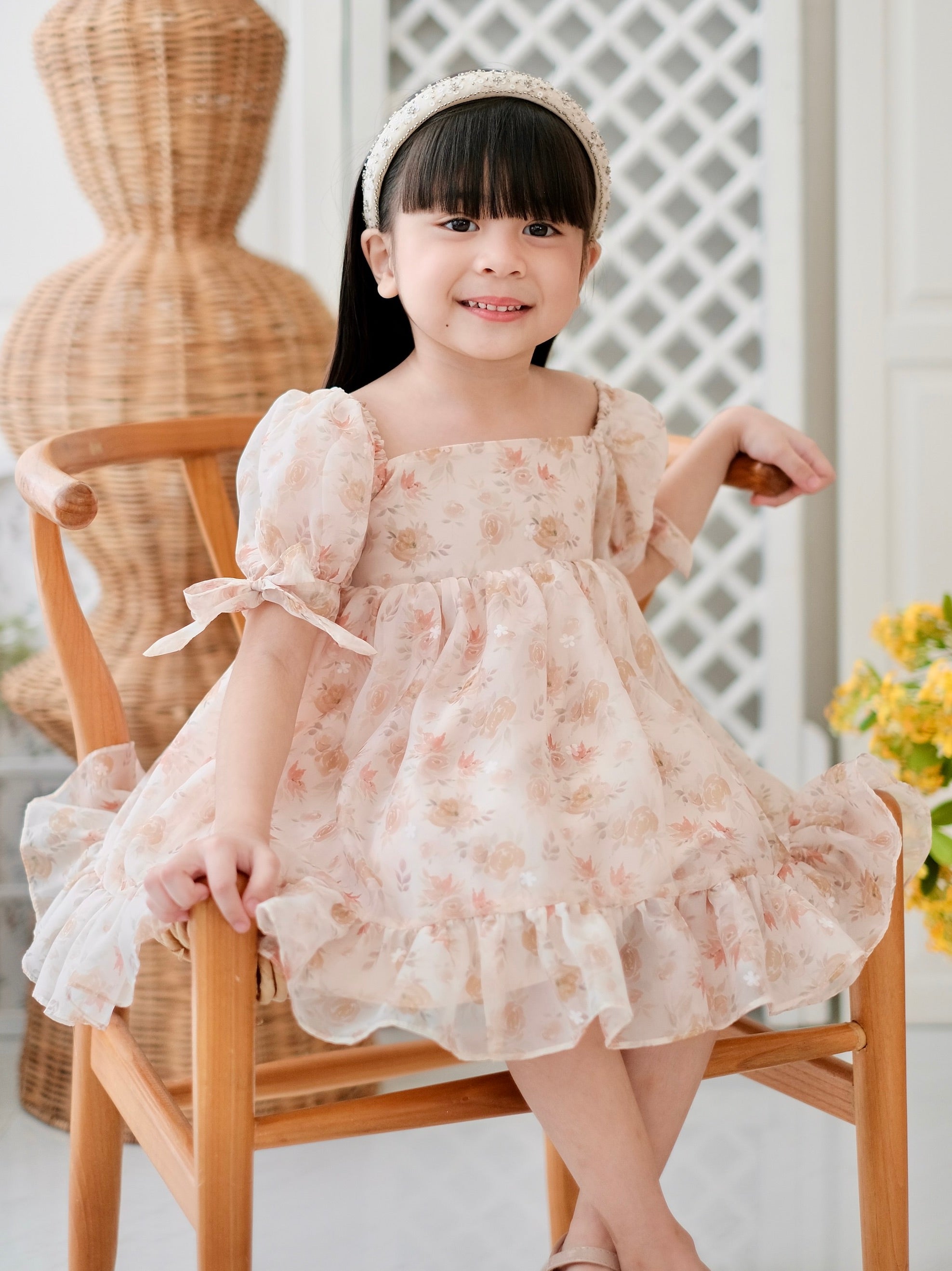 Maisie Dress | Beige Floral | Set with Bow Clip
