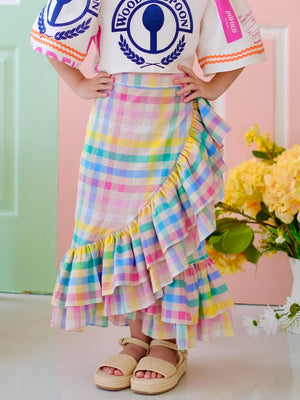 Amparo Linen Wrap Skirt | Rainbow Gingham