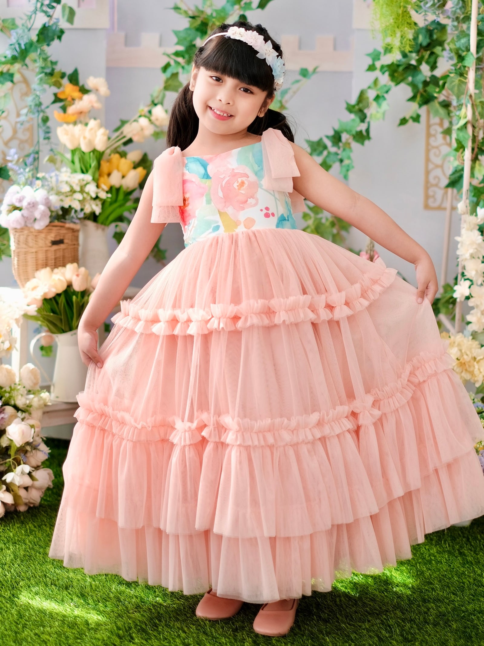 Imogen Long Tutu Dress  | Peach Floral