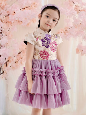 Annika Jacquard Dress in Muted Orchid and Gold