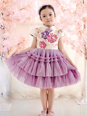 Annika Jacquard Dress in Muted Orchid and Gold