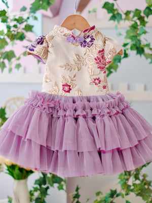 Annika Jacquard Dress in Muted Orchid and Gold