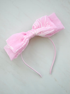 Pink Embroidered Double Bow Headband