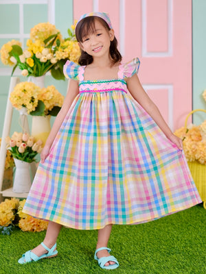 Tilda Midi Dress in Rainbow Gingham Linen