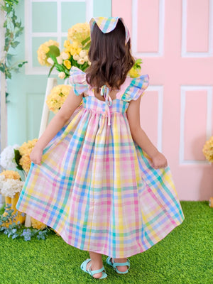 Tilda Midi Dress in Rainbow Gingham Linen