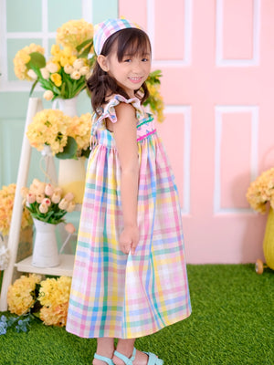 Tilda Midi Dress in Rainbow Gingham Linen