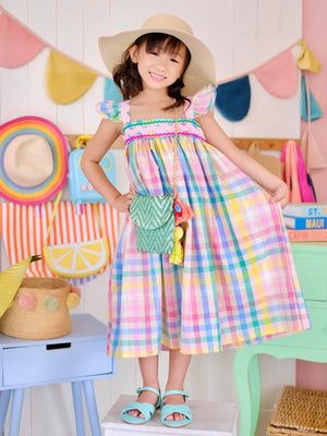 Tilda Midi Dress in Rainbow Gingham Linen