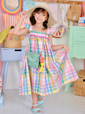 Tilda Midi Dress in Rainbow Gingham Linen