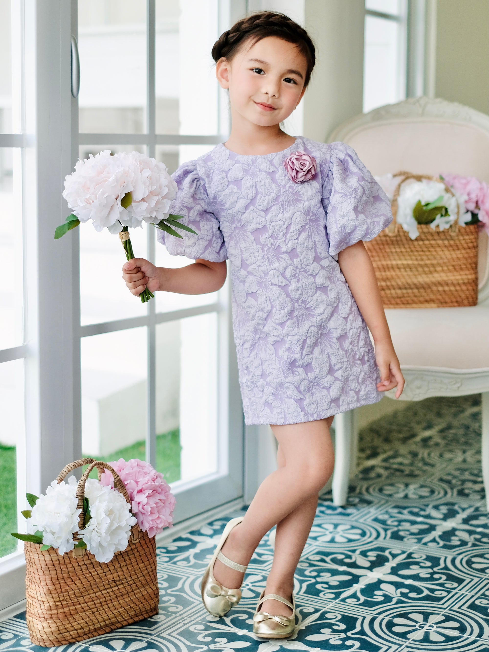 Mabelle Jacquard Dress with Floral Brooch