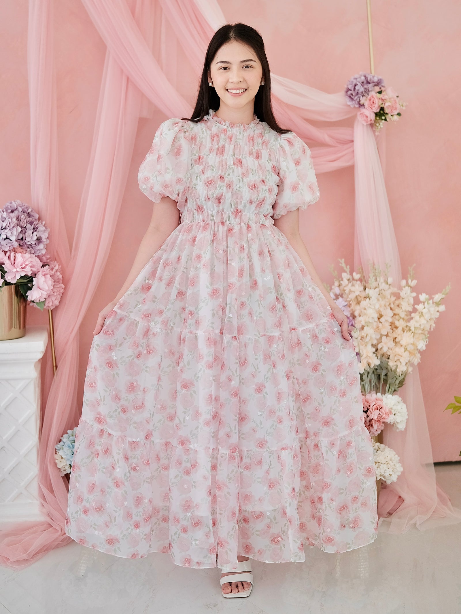 Sabrina Dress Women | Maxi Pink Organza Floral