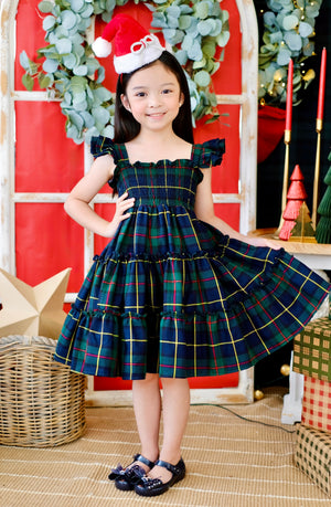 Amina Dress in Hunter Green Tartan