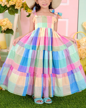 Eden Long Midi Dress | Rainbow Plaid Linen