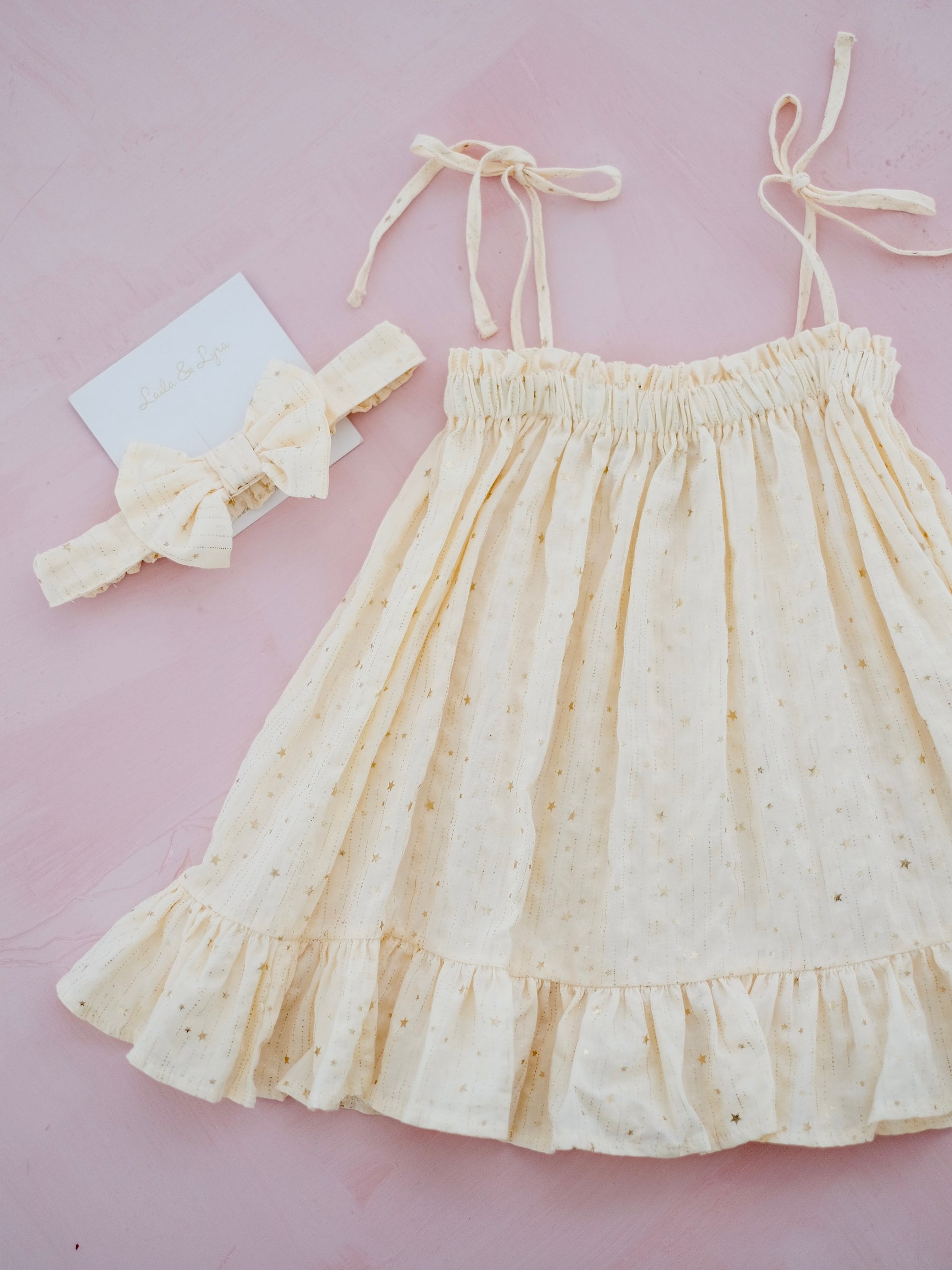 Emille Dress in Glitzy Cream | Set with Bow Headband | Baby 6-18m
