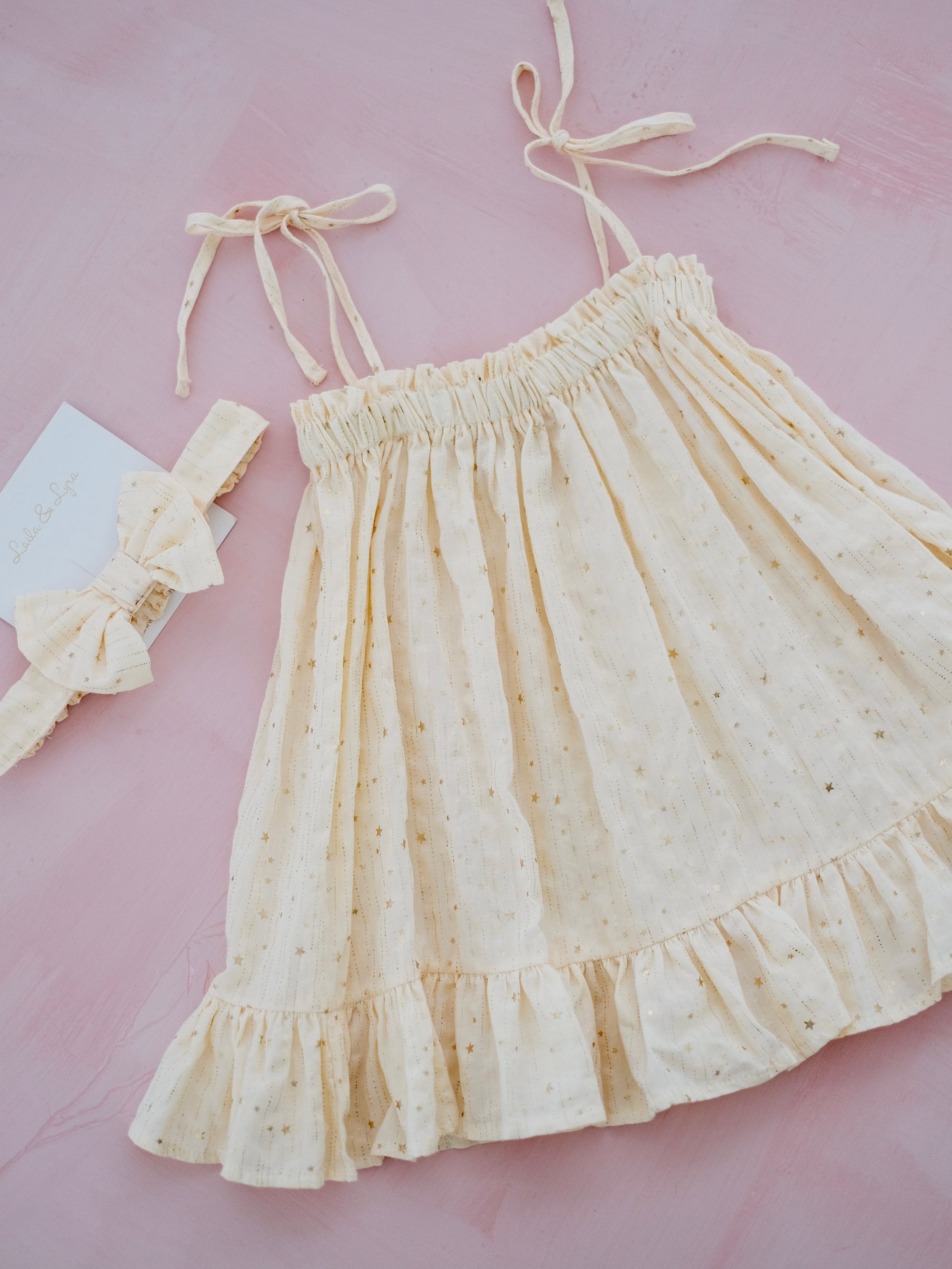 Emille Dress in Glitzy Cream | Set with Bow Headband | Baby 6-18m