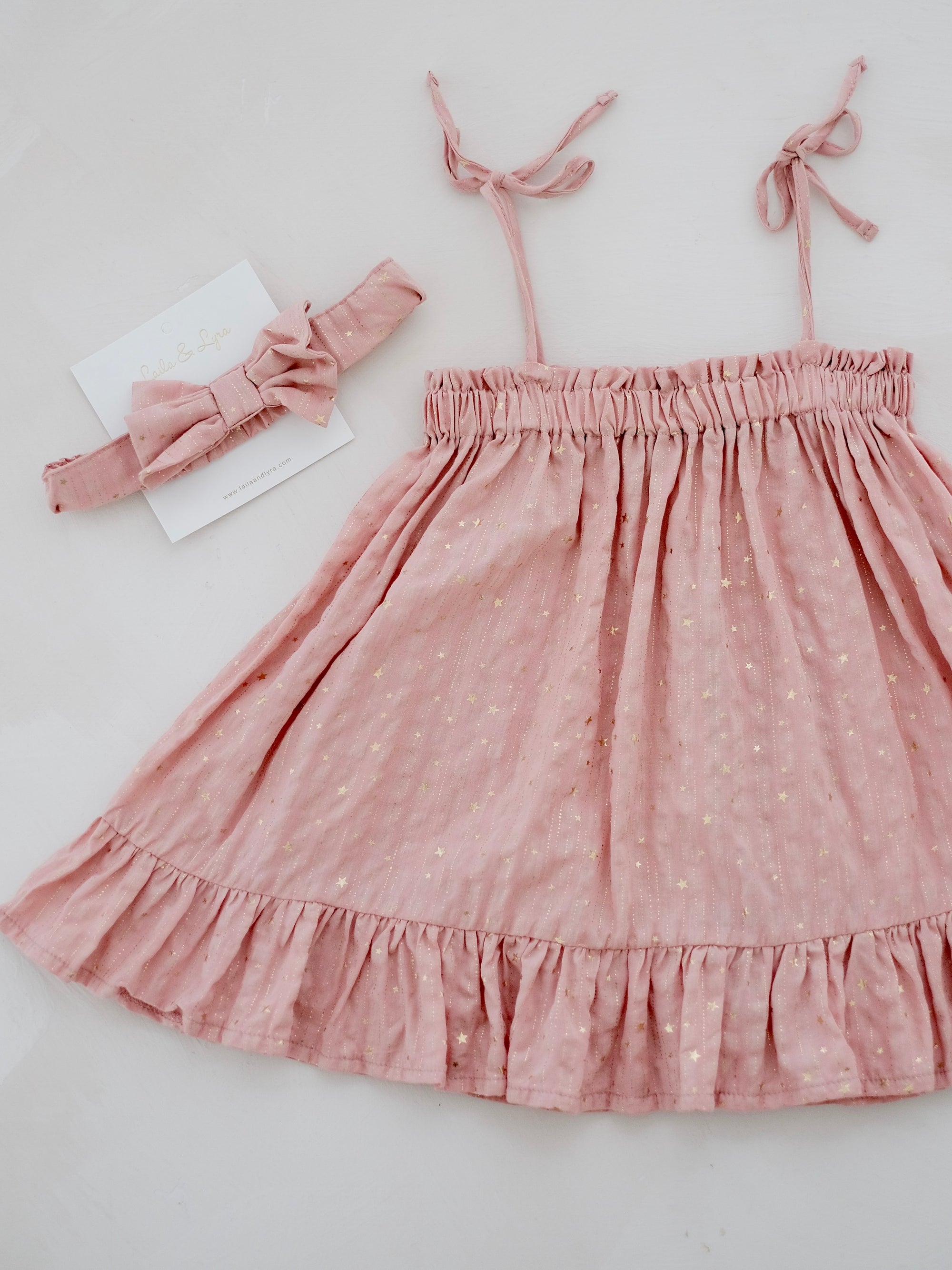 Emille Dress in Glitzy Pink | Set with Bow Headband | Baby 6-18m
