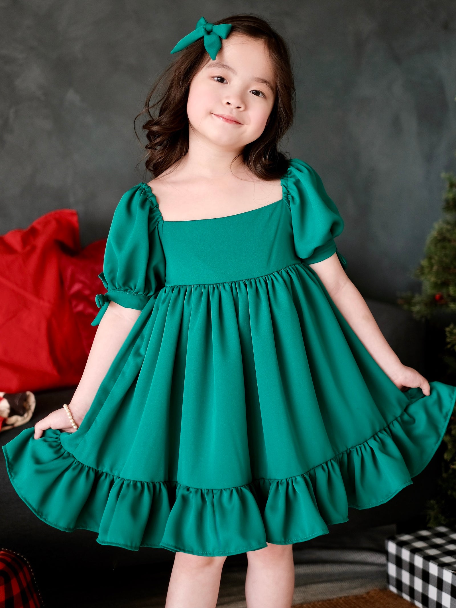Maisie Dress with Bow Clip | Pine Green