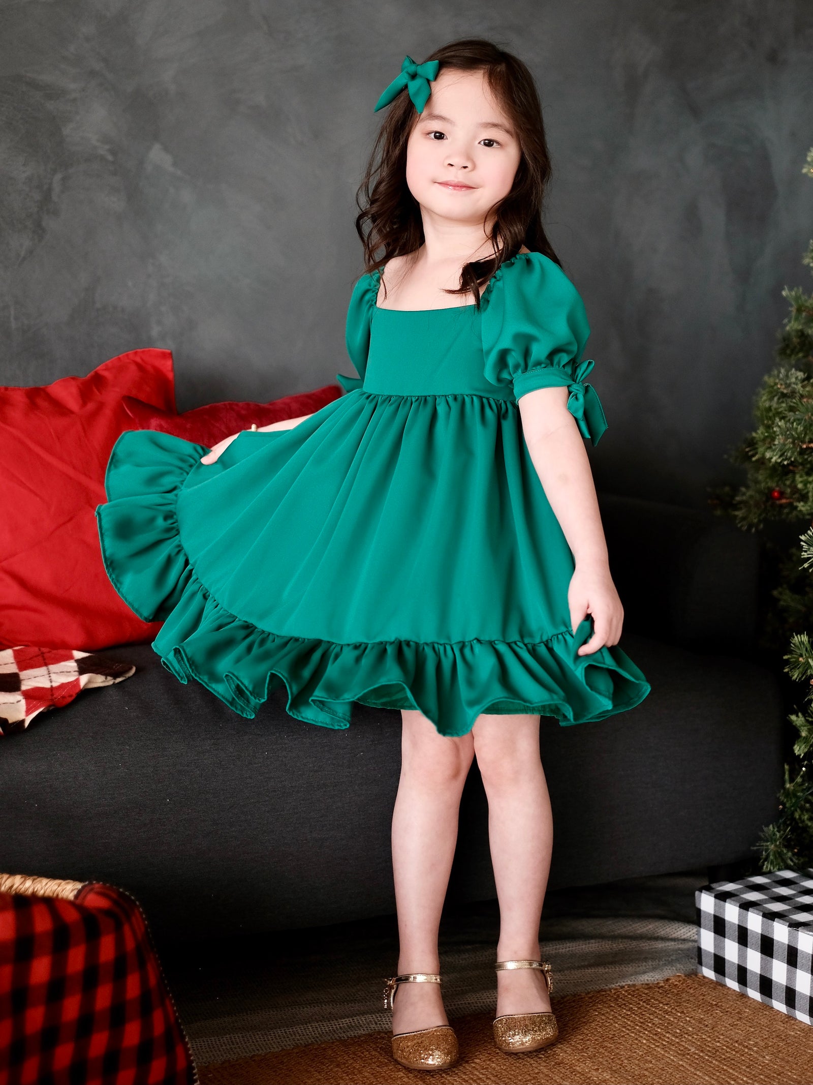 Maisie Dress with Bow Clip | Pine Green