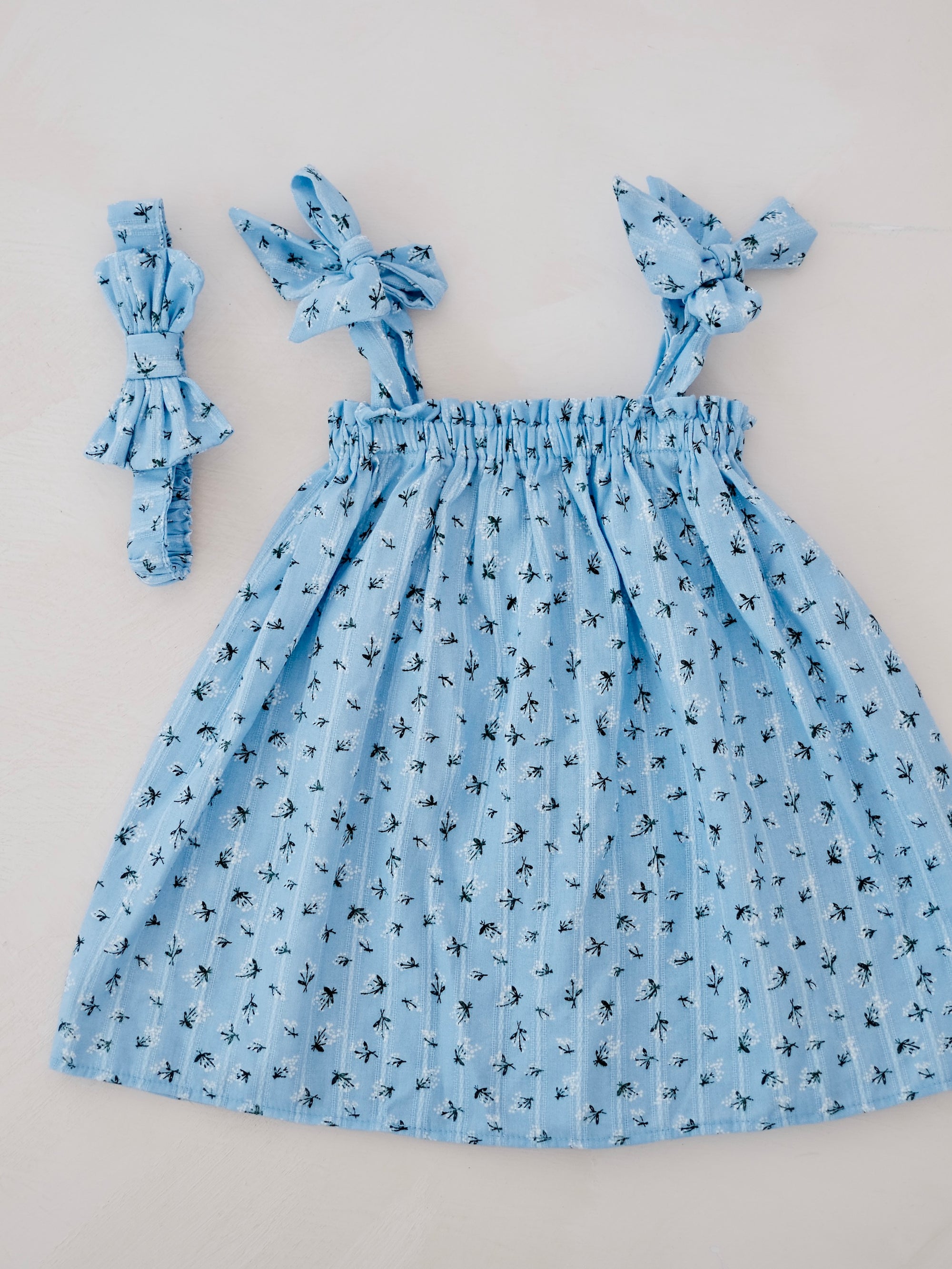 Bryony Dress in Blue | Set with Bow Headband | For Babies